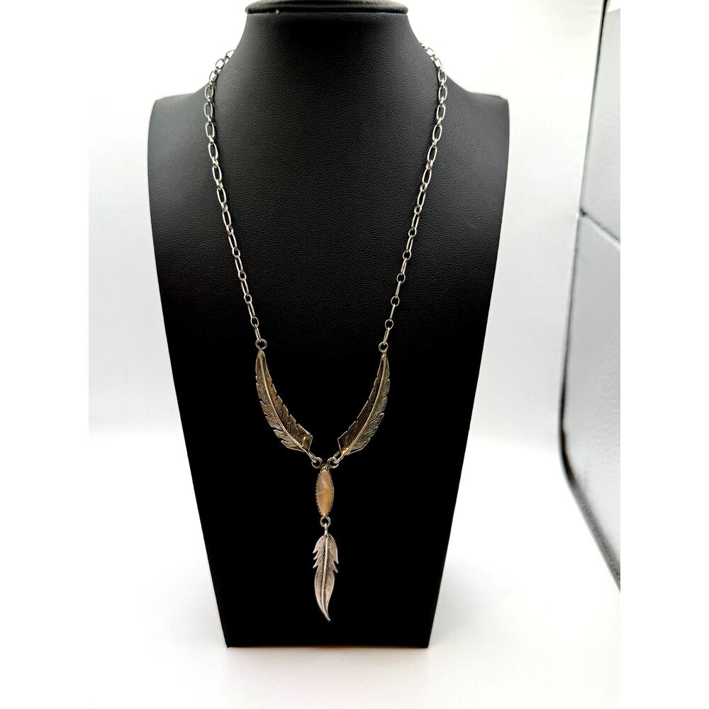 Vintage 925 Sterling Silver Feather Opal Pendant Necklace